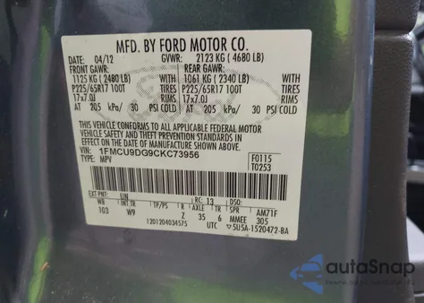 2012 Ford Escape Xlt z USA, uszkodzony, nr VIN 1FMCU9DG9CKC73956